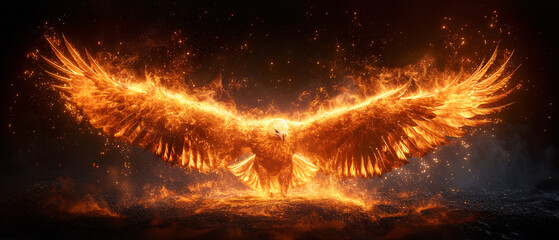 fire eagle spreading wings symmetrically on isolated black background - obrazy, fototapety, plakaty