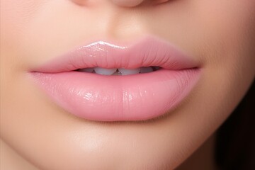 Closeup shot of sexy woman with stunning glossy pink lips, perfect for beauty and cosmetic concepts