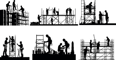 construction workers silhouette. engineer and construction team working at site, great set collection clip art Silhouette , Black vector illustration on white background.