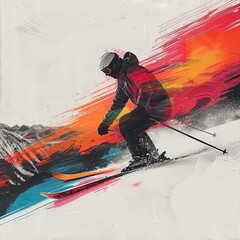 Ski Adventure Captured: Colorful Skier on Grayscale Slope

