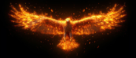 An eagle spreading wing spand symmetrically on an isolated black background