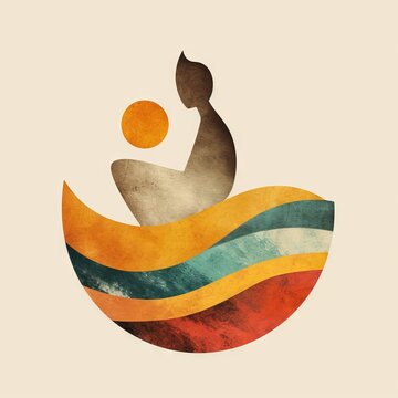 logo of a sun and water with Vibrant strokes of citrus hues bring a refreshing burst of childlike joy to playful painting of a sun and water, evoking a sense of summer's bounty and creative expression