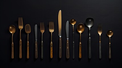 rustic vintage cutlery set, including a knife, spoon, and fork, arranged on a black background, captured from a top view perspective.