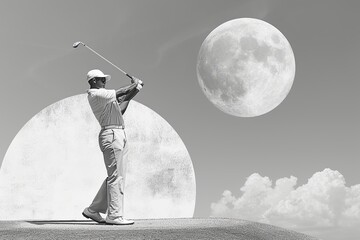 Modern Golfer Art Collage with Vivid Trajectory in Grayscale

