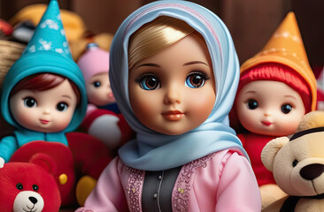 Close up of a Muslim baby doll sitting on the floor with toys in the background. Muslim doll in hijab. Generative AI