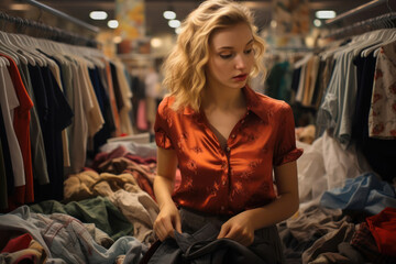 Eco friendly young woman buying second hand clothes at the thrift store. Overproduction,sustainable consumption