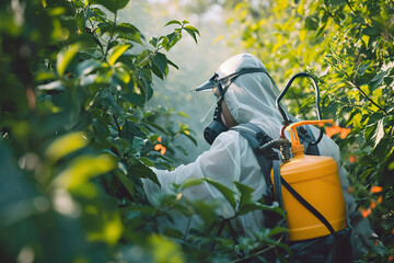 Well-equipped pest control technician monitoring a greenhouse environment and spray with detergent.