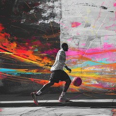 Modern Basketball Players Collage with Abstract Colorful Hoop

