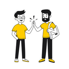 Greeting two guys giving high fives. Partnership, success, brotherhood, sexual minorities, teamwork. Isolated cartoon flat linear black and yellow illustration on white background