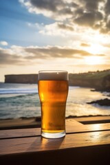 Glass of beer on the beach at sunset. Australia beer concept.