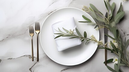 a festive summer wedding scene, focusing on a marble table setting with cutlery for one person, adorned with olive branches, white peony flowers, a ceramic plate, and a silk ribbon.