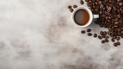 cup of coffee and coffee beans arranged on an old kitchen table, providing a top view perspective with ample copy space for your text.