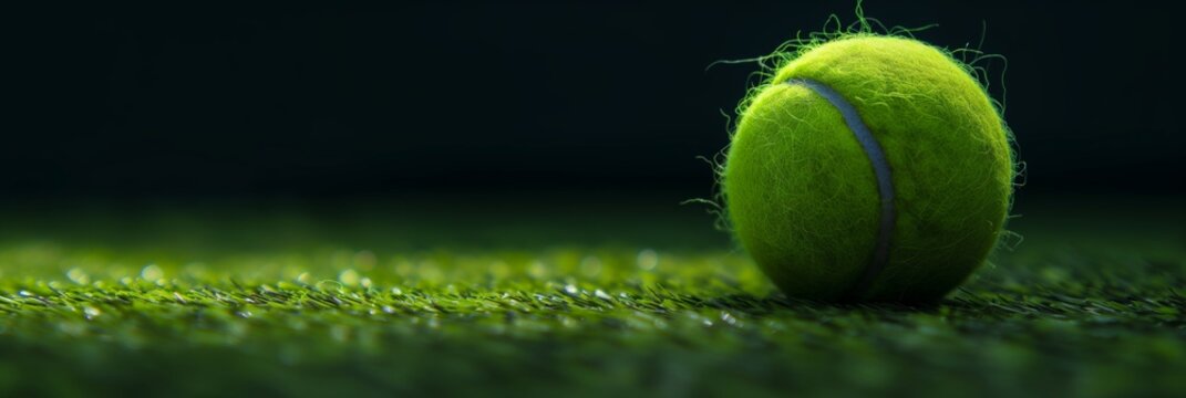 Tennis Ball on Green Court with Bright Fuzz Detailing the Equipment of the Game