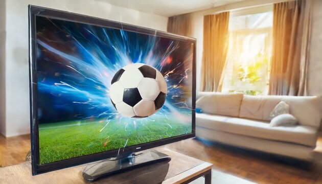 bola de futebol saindo da televisão com raios na sala de casa