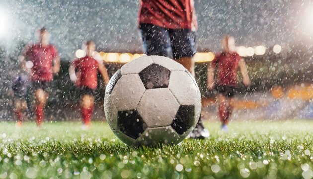 jogadores disputando bola de futebol no campo durante chuva forte