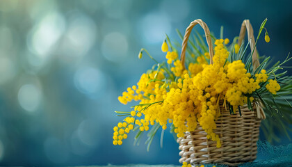 Basket of yellow mimosa flowers snowdrops on a blue spring backg - obrazy, fototapety, plakaty