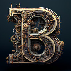 Intricate Fusion: The Letter 'B' Enhanced with Harmoniously Integrated Mechanical Elements and Steampunk Aesthetics. Creative Typography with Gears, Cogs, and Industrial Design. Futuristic Concept for