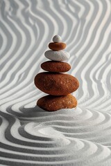 Abstract zen, calming in balance stack of rocks with red and white wave with dynamic contrast of earth and sea, captured in a vibrant painting of textured rocks adorned with a bold red and white wave.