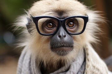 Portrait of a monkey wearing glasses and a scarf. Close-up. The concept of a vision problem.