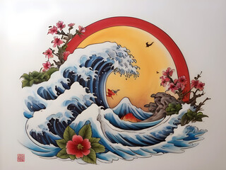 Traditionell japanische Zeichnung einer Welle mit Sonne