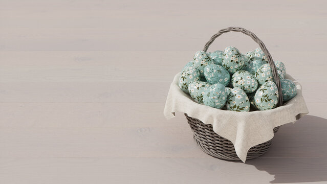 Easter Background featuring a Basket of Eggs on White Wood floor. Painted Eggs and copy-space.