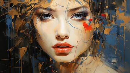 An exquisite painting capturing the beauty of a woman with stunning blue eyes and vibrant red lips, in a mesmerizing display of colors and emotions