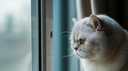 White shorthair cat staring out of the window and waiting for its owner to come home. Indoor cat loneliness concept, Cat birdwatching, Copy space, ai generated