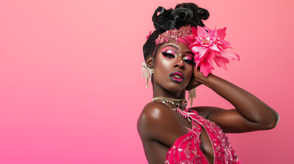 Portrait of a beautiful black african american drag queen dressed in pink against a plain pink background with copy space, ai generated