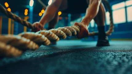 Foto op Aluminium Close-up view of a person's hands firmly gripping a heavy battle rope during a workout session © Peeradontax