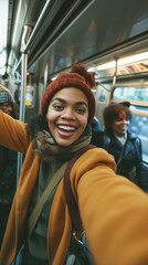 Young black woman taking a selfie on the New York subway train transport system, candid smiling carefree female, ai generated