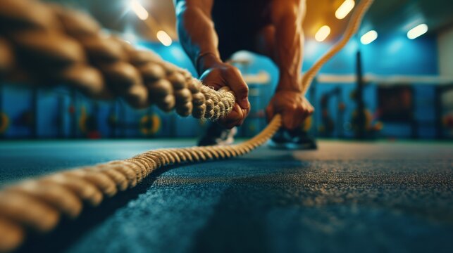 Close-up view of a person's hands firmly gripping a heavy battle rope during a workout session