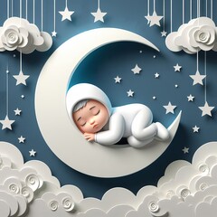 Sleeping baby with moon illustration Paper art poster background, Generative Ai