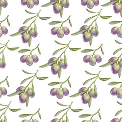 Seamless pattern with olive branches with green berries and leaves.Vector graphics.