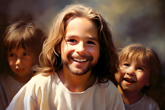 Realistic painting of Jesus smiling, Let the little children come to me, created with technology
