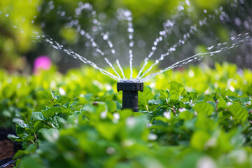 Irrigation systems such as drip irrigation, soaker hoses, and sprinkler placement based on plant types and water requirements.