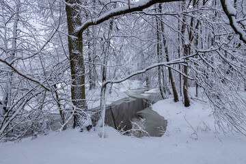 Fabulous winter landscape with river and trees, small river in the middle of a snowy forest
