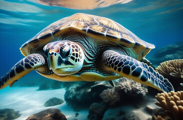 A large sea turtle swims in the ocean among corals,