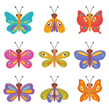 Collection of butterfly in colorful cartoon hand drawn style on white background. Flying smiling butterfly vector isolated set. Cute spring funny butterflies clip art, colorful insect icons.