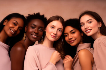 Obraz premium Diverse group of smiling women dressed elegantly, reflecting friendship and confidence.