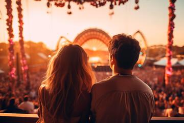 Fototapeta premium A couple enjoys a music festival at sunset with a large Ferris wheel in the background.