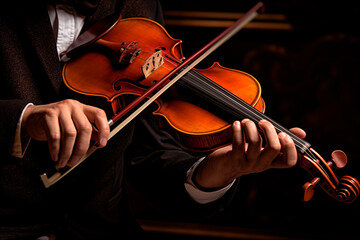 Close-up of a violinist in action, highlighting the violin's gloss and hand dexterity.