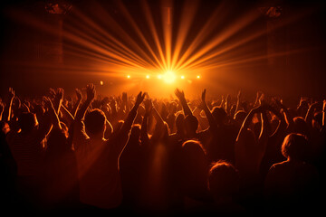 Excited crowd with raised hands enjoying a live concert under dramatic lighting.