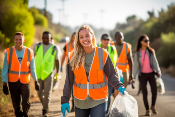 Obraz premium Volunteers collecting trash in nature, collaborating in environmental conservation