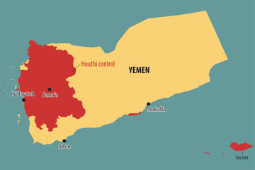 Vector graphic of estimated Houthi controlled areas in Yemen