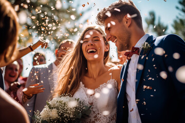 Newlywed couple laughing amidst confetti with friends celebrating around on a sunny day.