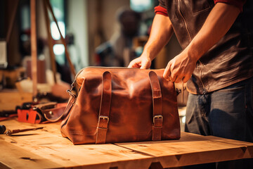 Craftsperson meticulously works on a leather bag in their workshop, showcasing skill and attention to detail. - obrazy, fototapety, plakaty