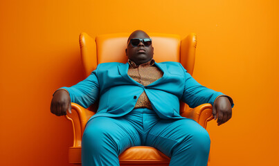 Man in Cerulean Blue Suit Reclining in Orange Chair, Contrasting Colors, Bold Fashion