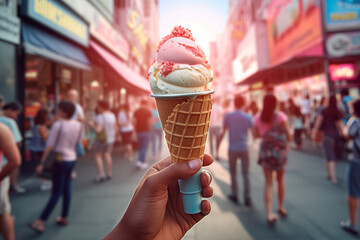 Hand holding ice cream cone on a busy street at sunset.