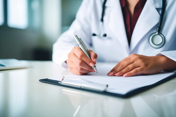 Focused doctor writing a medical report in a clinical setting.