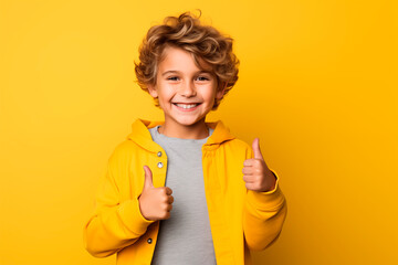 Smiling child giving thumbs up against yellow background, radiating joy and confidence.